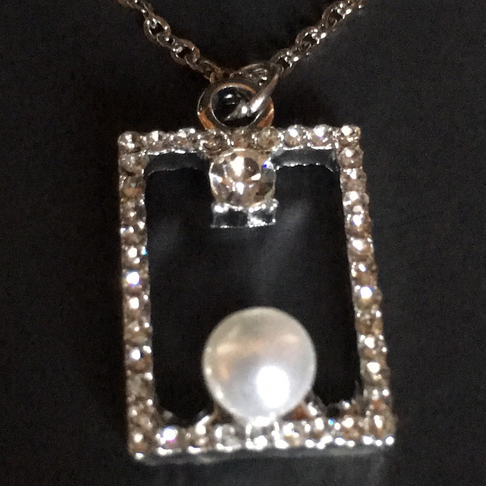 Pearl & CZ Rectangular Necklace - Picture 9 of 16